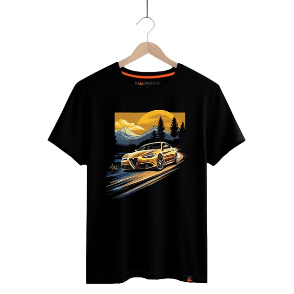 T-shirt Voiture Sportive Collection Sunset Road - Noir 100% Coton - Homme/Unisexe - Cadeau Pour Passionné D'automobile